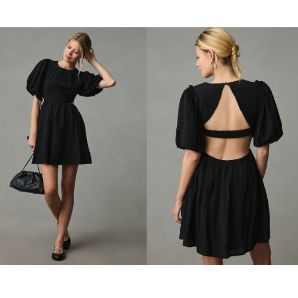 NWT Anthropologie Moon River Open-Back Puff-Sleeve Dress Black Women's Medium